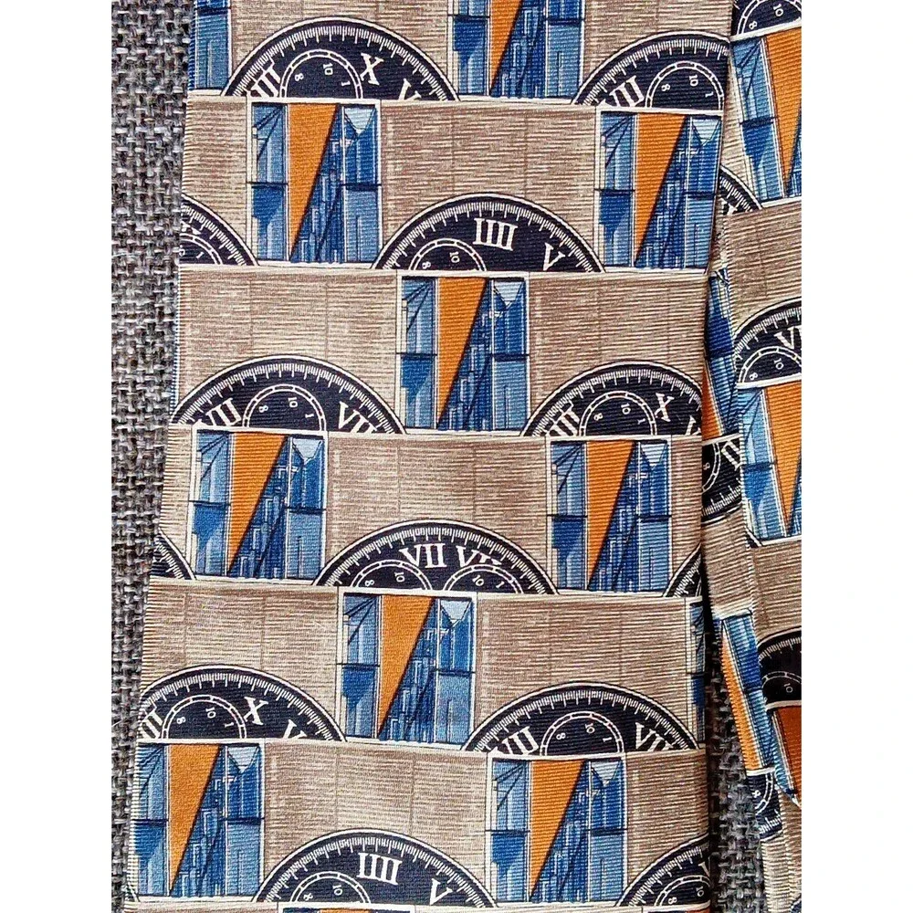 Tie 70s 80s 90s Y2K Mens Structure Silk Brown Blue Beige Tan 3.75 Wide 59 Long